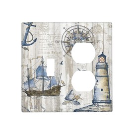 Xuejiaku Decorative Switch Cover Rustic Nautical Anchor Sailboat Compass Lighthouse Wooden 2 Gang Light Switch Plate 1 Toggle Duplex Combo Wallplates GFCI Switch Plates and Outlet Covers