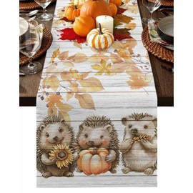 Ianokkcant Hedgehog Fall Table Runners 72 Inches Long Dress Scarves, Thanksgiving Pumpkins Farmhouse Kitchen/Dining Table Runner, Coffee Tablerunners, Maple Leaf Wooden 13x72 Inch