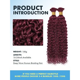 Human Braiding Hair for Boho Braids 100g 16 Inch Burgundy Curly Boho Hair for Braiding Knotless 12A Deep Wave Bulk Bohemian 2 Bundles/Pack Color 99J