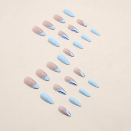 Blue Press on Nails Short Almond Fake Nails Press ons Glitter False Nails with Designs Wave Glossy Full Cover Acrylic Glue on Nails Cute Artificial Stick on Nails for Women Manicure Decoration 24Pcs