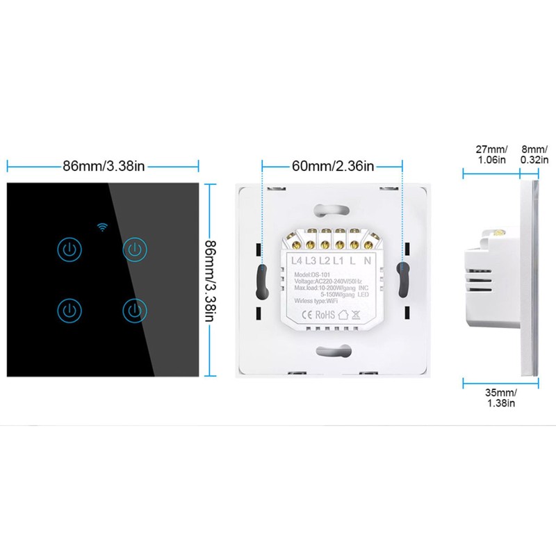 Smart Touch Light Switch with LED Backlight, Black, 1 Gang