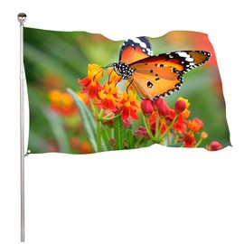 Pickako Butterfly Insects in On Orange Floral Flowers Spring Summer Natural Seasonal 3x5 Foot Flag, Double Stitched 3 x 5 Ft Flags with Brass Grommets for Home House Outdoor Indoor Decor