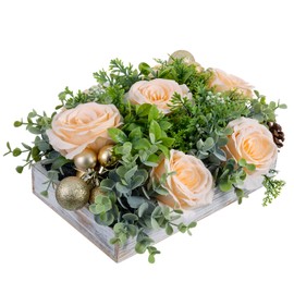 MyGift Artificial Champagne Rose Floral Arrangement in 10.5 Inch White Washed Solid Wood Box, Wedding Tabletop Faux Light Peach Rose Flower Centerpiece with Green Foliage, and Gold Tone Ornaments