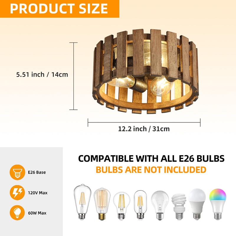 3-Light Rustic Flush Mount Light Fixture, 12.2 Inch Farmhouse Wood