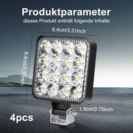 HOSPAOP LED Work Light 12 V LED Spotlight 48 W LED Offroad Additional Headlight IP67 Car Headlight Reversing Light Lighting for Tractor Excavator SUV UTV ATV Pack of 4