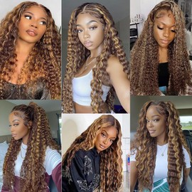 Biliisyff P4/27 Human Hair Bundles Blonde Deep Wave Extensions Ombre Blonde Brown and Black Human Hair Double Weft Wet and Wavy Bundles Silky and Soft 20 22 24 Inch