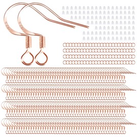 200 PCS/100 Pairs Rose Gold Tone Earring Hooks 925 Sterling Silver Plated Hypoallergenic Ear Wires Fish Hooks with 100 PCS Silicone Earring Backs and Jump Rings Earring Finding for DIY Jewelry Making