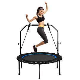 Giantex 40” Foldable Mini Trampoline, Indoor Fitness Trampoline with 43''-51" Height Adjustable Handle, Resistance Bands, Rebounder Exercise Trampoline for Adults, Kids (Blue)