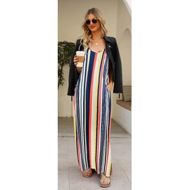 Supnier Women Maxi Dress Floral Summer Boho Long Maxi Dress Party Beach Floral Sundress 2025 Trendy(XL,Multicolor Stripes)