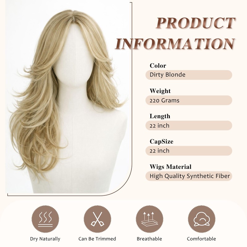 Dirty Blonde Wigs for Women Long Wavy Layered Wig with
