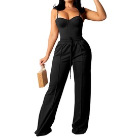 PINSV Women's Casual Pants High Waisted Drawstring Elastic Straight Leg Trousers Pull On Lounge Work Long Pants with Pockets L Black