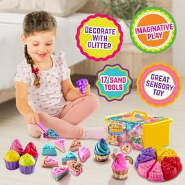 GirlZone Play Sand Kit for Kids - Small Multicolor, 2 lb Moldable Colored Sand, Sweet Cakes Style - 17 Tools for Toys & Art Creations - Creative Kid Play & Cake Design Ages 3-5