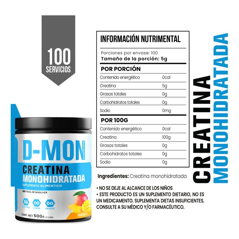 Creatina Monohidratada En Polvo 500g D-mon Varios Sabores Mango