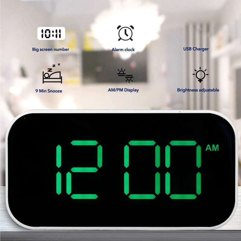 LED Digital Alarm Clock Brightness Adjustable 12/24Hr White Shell Green