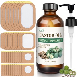 99Pcs Castor Oil Patches, Organic Cold Pressed Glass Bottle 8oz, Organic Cotton Patches Belly Button, Castor Oil Pack Wrap for Belly Button, Stomach, Self-Adhesive for Convenient Use
