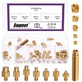 Swpeet 73Pcs 5 Sizes Heat-Set Threaded Inserts with 7 Sizes External Thread Type Heat-Set Insert Tips and Soldering Iron Adapter Assortment Kit, Brass Threaded Insert Nuts for 3D Printing Component