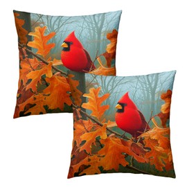 Fall Cardinal Throw Pillow Covers 18x18 Inch Set of 2 Red Bird Maple Leaves Decorative Pillowcase Autumn Foreset Landscape Seasonal Cushion Cover for Home Bedroom Sofa Chair Decor