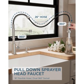 dearocean Kitchen Faucet with Pull Down Sprayer Brushed Nickel Stainless Steel, Classic Spring 1 Handle Pull Out Sink Faucet with Deck Plate for 1 or 3 Hole Sinks for Bar RV Laundry Farmhouse