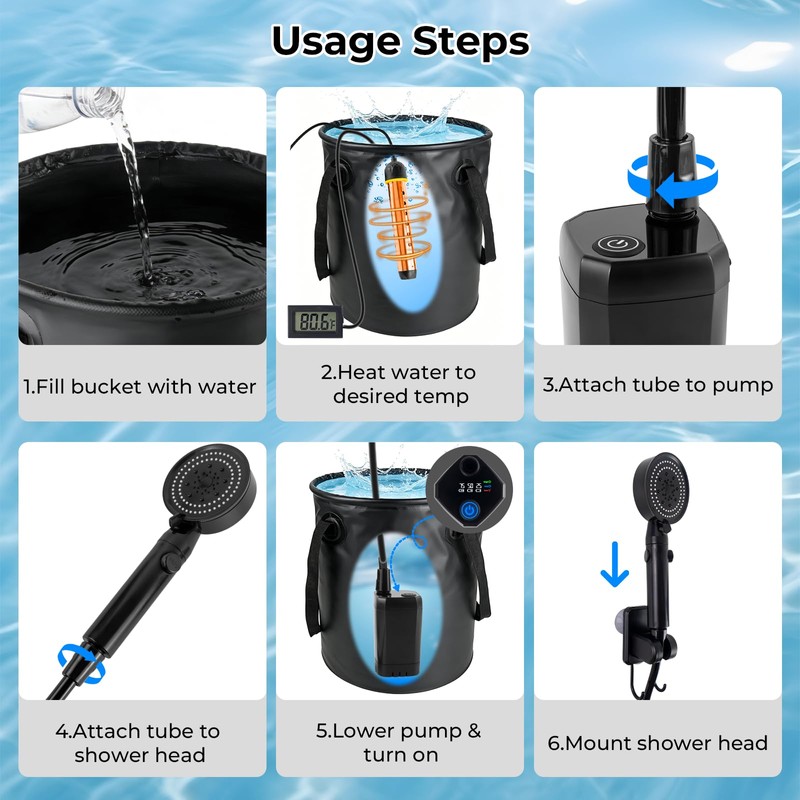 Portable Camping Shower Kit: 6ft Tent, 4000mAh Pump, 1500W Heater