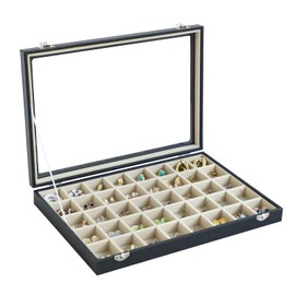 Stratalife Jewelry Organizer 40 Grid Beige Black Jewelry Tray with Clear Dust-proof Lid Velvet Earring Organizer Necklace Rings Holder Display Drawer Storage Case for Women