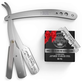 Straight Edge Barber Razor for Close Shaving - Professional Straight Blade Razor for Men with 100 Single Edge Blades- Mens Straight Razor Kit