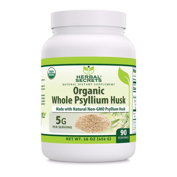 Herbal Secrets USDA Organic Whole Psyllium Husk 16 oz Powder