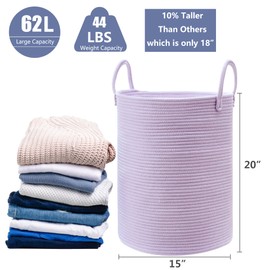 MOJOSCEND 62L Large Purple Hamper Laundry Basket for Nursery Kids Tall Lavender Blanket Basket for Girls Cotton Rope Lilac Clothes Hamper in Bedroom
