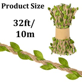 Heclia Burlap Leaf Ribbon Twine for Crafts Natural Jute Twines Ribbon with Artificial Green Leaves 33ft Rustic Vine Garland Braided Burlap Twine for Woodland Baby Shower Jungle Party Wedding Decor