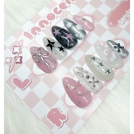 Y2K Lovely Silver Star Char Handmade Nail Tips - Oval / Y2K 러블리 실버스타 챰 수제네일팁 - 오벌