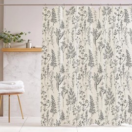 Rustic Leaves Linen Shower Curtain for Bathroom Heavy Duty 230GSM Textured Fabric Shower Curtain Set Cute Nature Herbs Design Modern Farmhosue Chic Boho Botanical Plants Bathroom Decor