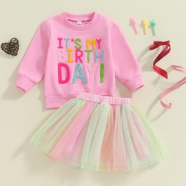 MAHUAOYIXI Baby Girl Birthday Outfit Princess Lace Skirt Set Long Sleeve Letter Embroidery Sweatshirt + Tutu Tulle Skirt Birthday Skirt Set Multicoloured Princess Tutu Skirt Outfit, Pink, 4T - 5T
