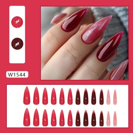 RIICFDD 24 Pcs Rose Red Press on Nails Long Almond Fake Nails Bling Sparkly False Nails Solid Color Designs Nails Glossy Acrylic Nails Full Cover Spring Summer Glue on Nails for Women and Girls
