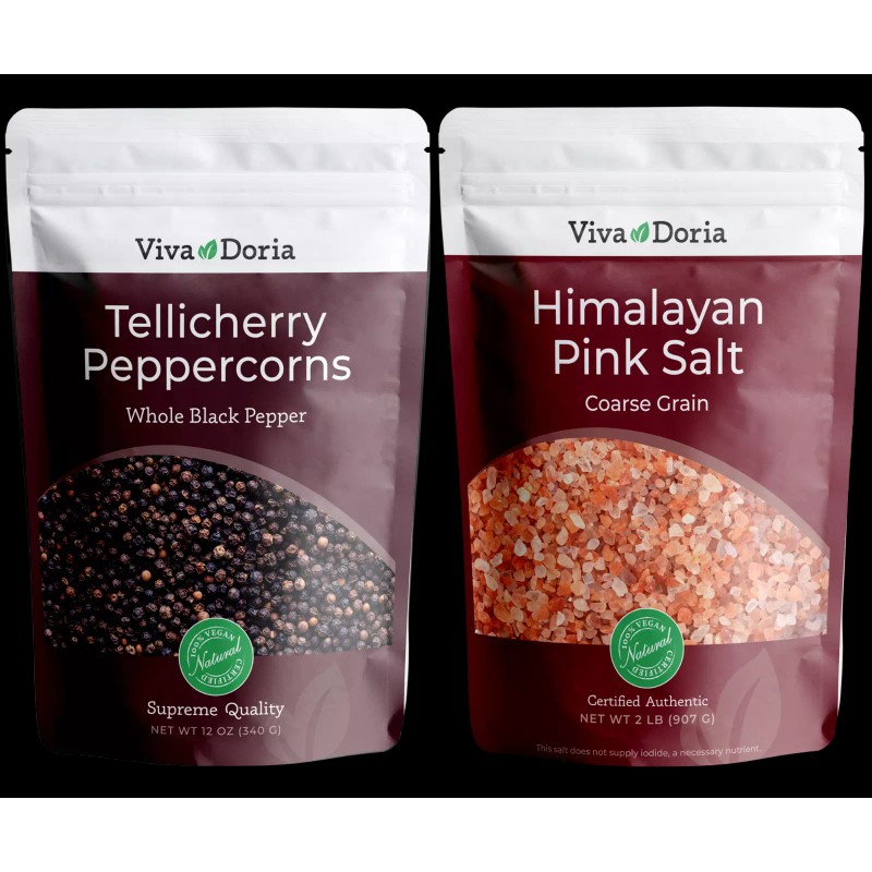 Viva Doria Tellicherry Peppercorn 12 oz and Himalayan Pink Salt
