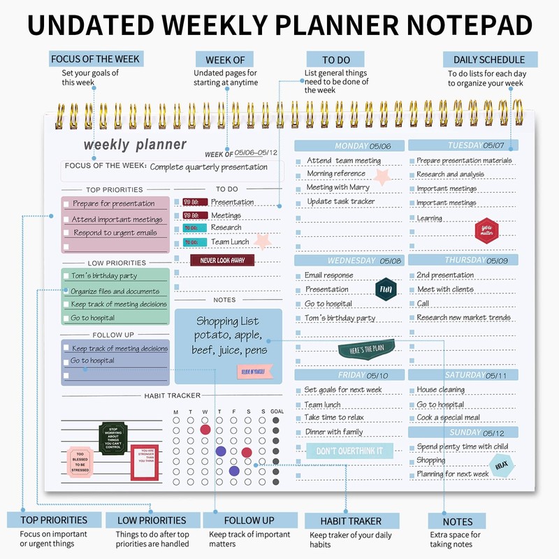 Weekly Planner Notepad, Undated Weekly To Do List Pad 52