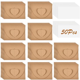 Pack of 50 Kraft Paper Envelopes with 50 Blank Card Set, Small Envelopes, Mini Kraft Paper Envelopes with Heart Closure for DIY Thank You Cards, Invitations, Birthday Cards