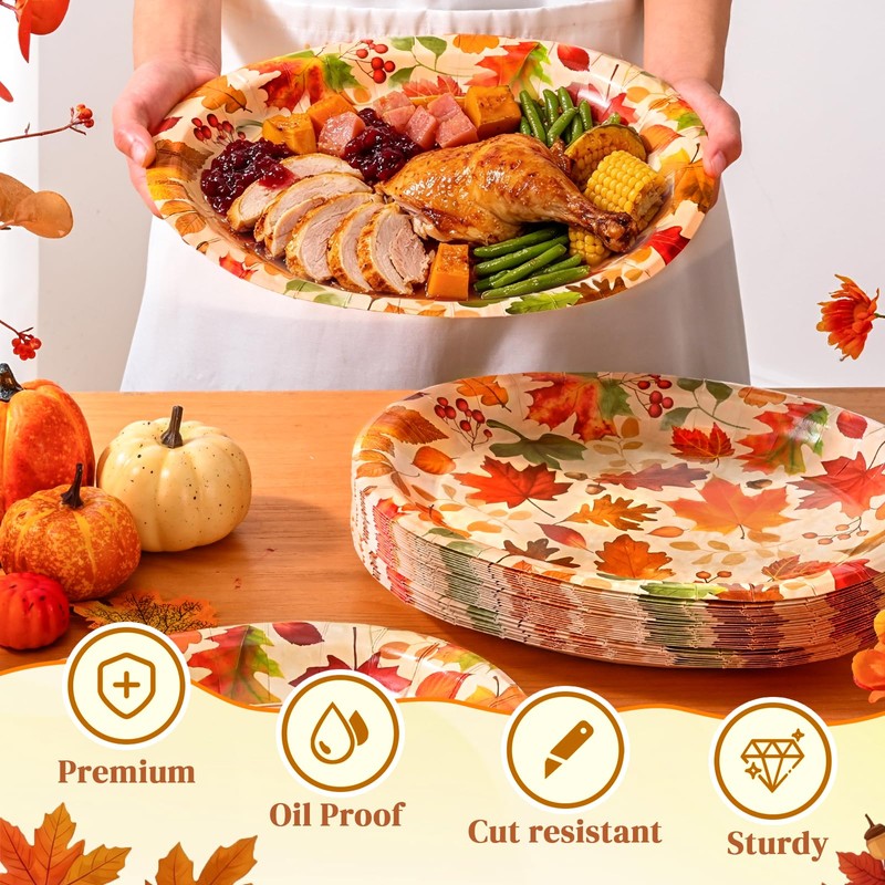 50 PCS Thanksgiving Oval Paper Plates Disposable, Fall Paper Plates,
