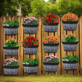Romooa 12 Pcs Wall Hanging Planters Outdoor Wine Barrel Planter Distressed Oak Thickened Plastic Water Storage Flower Pots for Plants Flower Indoor Outdoor Railing Fence (Black,10 Inch)