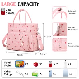 CuriBox Lunch Bag for Women Men - Corduroy Lunch Tote Bag Reusable Insulated Lunch Box Adult Leakproof Portable Large Cooler Tote Bags for Work Picnic or Travel (Pink Strawberry)