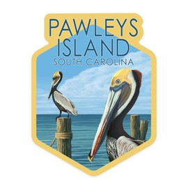 Die Cut Sticker Pawleys Island, South Carolina, Pelicans, Contour Vinyl Sticker 1 to 3 inches (Waterproof Decal for Cars, Water Bottles, Laptops, Coolers), Small