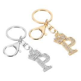 [PATIKIL] Initial Letter Key Chain 2pcs Letter P Crown Desert Charm Crystal Diamond Decorated Bag Backpack DIY Craft Decorative Alphabet Pendant Golden Color Silver