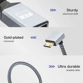 RIIEYOCA 4K Mini HDMI to HDMI Adapter Cable,90 Degree Down Angle Mini HDMI Male to HDMI Female Aluminum Short Nylon Braided Cable,Support 4K UHD,for Laptop,Projector,TV,Monitor,Camcorder(20cm)