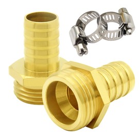 Hooshing 2PCS Brass Garden Hose Male Adapter 3/4" Barb x 3/4" GHT Male Thread Hose Connectors with Clamps