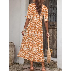 Dokotoo Cocktail Dresses Tassel Tie V Neck Summer Dresses 2024 Short Frill Sleeve Ruffle A-Line Long Dresses Casual Flowy Maxi Dress Boho Beach Dress for Women Evening Party Orange Large
