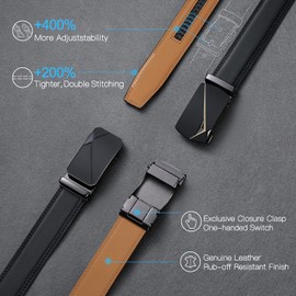 Men's Leather Belt Automatic Ratchet Buckle Slide Belt for Dress Casual Trim to Fit with Gift Box