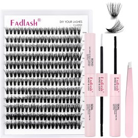 FADLASH DIY Lash Extension Kit Individual Lashes Cluster D Curl Eyelash Extension Kit with Lash Bond and Seal and Lash Applicator Tool for Self Application at Home (50D-0.07D-12-18MIX KIT）