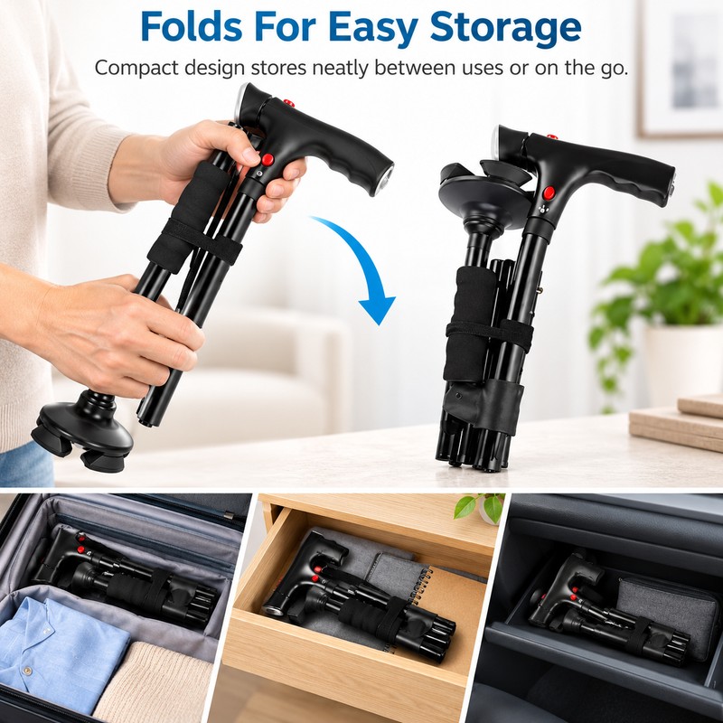 Folding Walking Cane for Seniors with LED Light, Alarm &