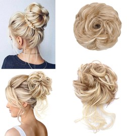 KETHBE Messy Bun Hair Piece Tousled Updo Hair Buns Extension Elastic Hair Band Hair Pieces Curly Hair Bun Scrunchie For Women (2PCS,Light Golden Blonde Mix Bleach Blonde)