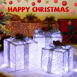 ATTGREAT Christmas Lighted Gift Boxes, 80 LED Large 8.6"-7"-6.3" Silver Presents Gift Box Under The Xmas Tree for Indoor Outdoor Decorations（Set of 3）