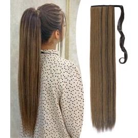 Benehair Long Straight Ponytail Hairpiece, Synthetic Hair Extensions, Braid Ponytail Extension, Hairpiece Braid Hair Extension for Women and Girls, Dark Brown/Golden Red Brown, 81 cm