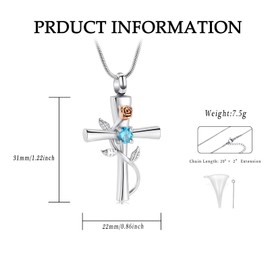 VCCWYQK Cremation Cross Urn Necklace for Ashes for Women Birthstone Rose Flower Cremation Jewelry for Women Girls Keepsake Memorial Ashes Pendant (Light Blue)
